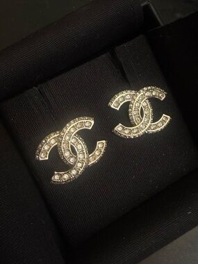 CHANEL Gold-Tone Crystal CC Stud Earrings